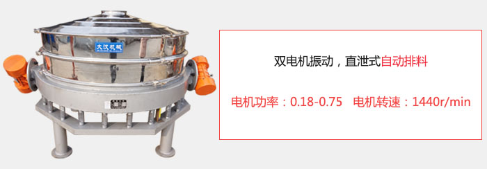 雙電機振動，直泄式自動排料電機功率：0.18-0.75   電機轉(zhuǎn)速：1440r/min。