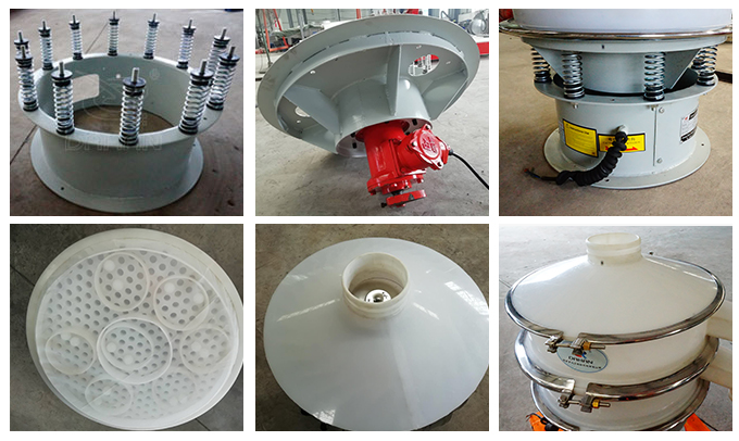 塑料振動(dòng)篩彈簧底座安裝，振動(dòng)電機(jī)安裝，篩網(wǎng)，防塵蓋等安裝圖片展示